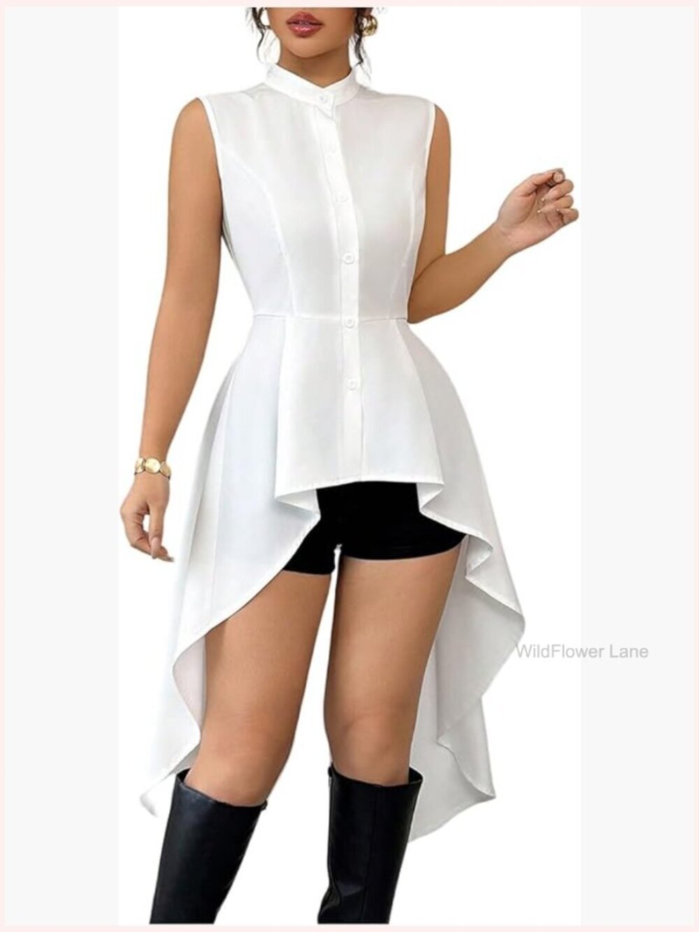 Sleeveless Mock Neck Button Down Blouse High Low Hem Dressy Casual Top